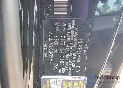 2022 Kia Forte Fe из США, поврежденный, VIN 3KPF24AD3NE481132